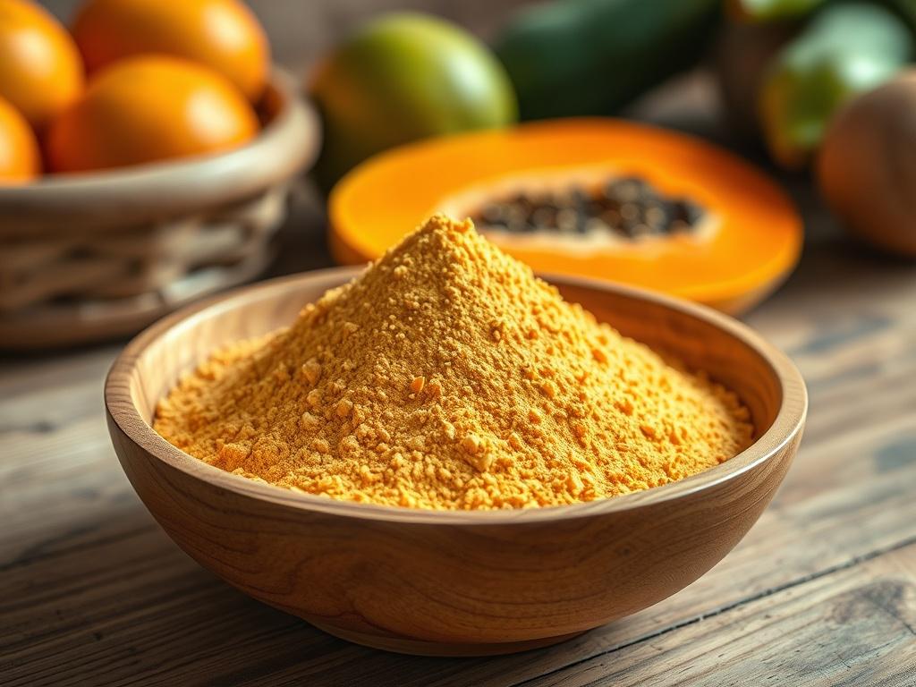 **AI Image Generation Prompt:**

Create a highly detailed, realistic high-resolution photo featuring a single subject: a fine, pale golden powder of Dried Papaya Powder (Pakka Papita). The powder should be visually appealing, with a smooth, velvety texture, sitting in an elegant, shallow wooden bowl. The bowl should be made from natural wood, showcasing fine grains, which emphasizes the organic nature of the papaya powder.

In the background, softly blurred elements should hint at a rustic kitchen setting, 