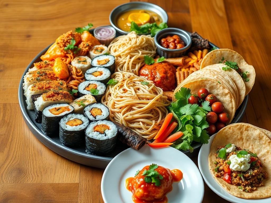 A beautifully arranged platter showcasing a variety of international dishes, including sushi, pasta, curry, and tacos. The focus is on the vibrant colors and textures of the food. The background is a wooden table, lending a rustic and warm feel to the image. The composition is simple and clear, highlighting the diversity of global cuisines in a single frame.