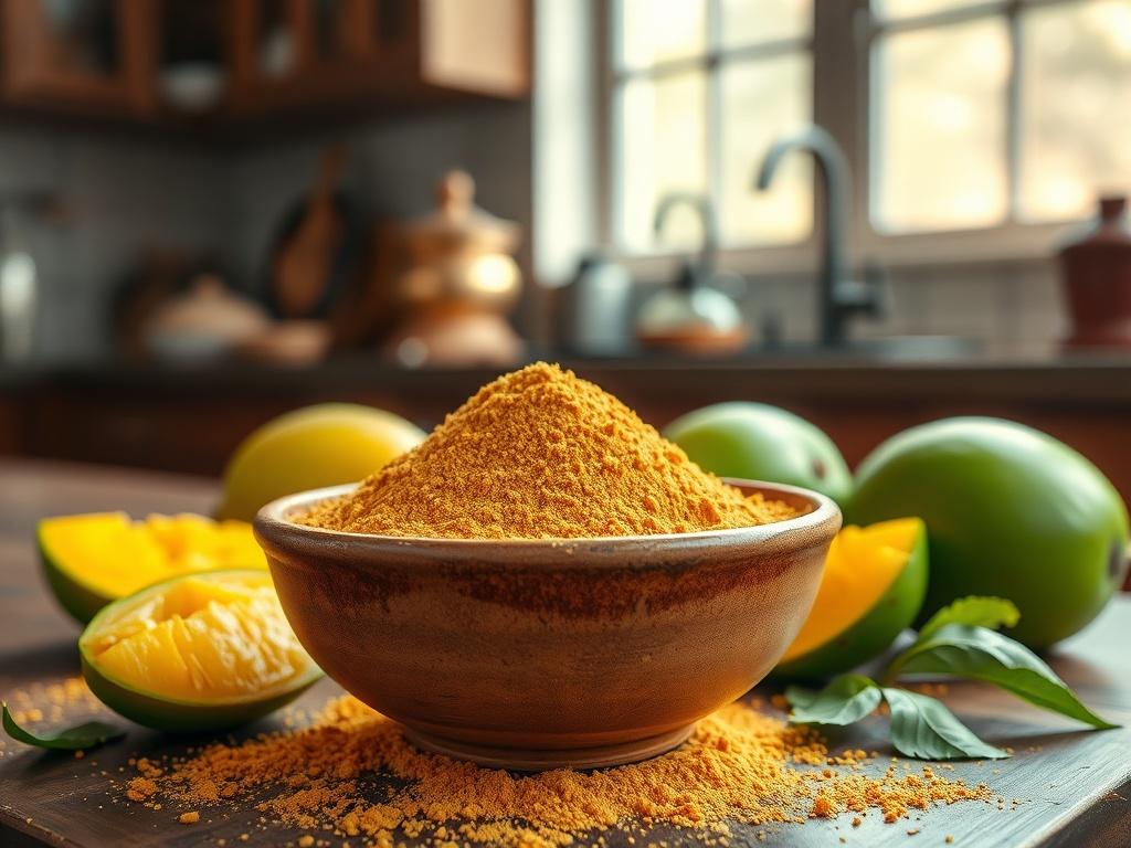 Create a realistic high-resolution close-up image featuring a single bowl of amchur powder, showcasing its fine, sandy texture and rich, golden-brown color. The bowl should be a rustic, handcrafted ceramic vessel with an earthy glaze, giving it a warm and authentic feel. Surround the bowl with a few raw green mango slices and a sprinkle of amchur powder, highlighting the origin of the ingredient. 

In the background, include a softly blurred kitchen setting that reflects a North Indian or Pakistani home, wi