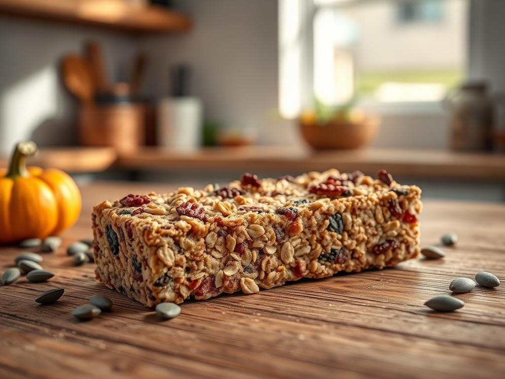 **Prompt for AI Image Generation:**

Create a realistic high-resolution photo of a single homemade granola bar prominently displayed on a textured wooden surface. The granola bar should appear soft and chewy, showcasing its hearty ingredients like oats, nuts, and dried fruits. Surround the bar with a few scattered pumpkin seeds and chia seeds for added detail. 

In the background, incorporate a softly blurred kitchen setting—perhaps a countertop with a natural light source streaming in, illuminating the gra