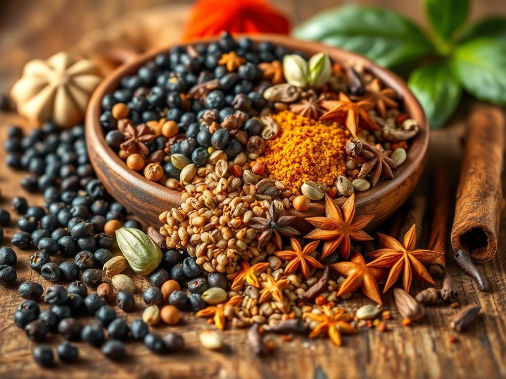 **Prompt for AI Image Generation:**

Create a realistic high-resolution photo featuring an array of whole spices beautifully displayed on a rustic wooden surface. The composition should be simple and clear, focusing on the subject matter of all spices. Arrange a single focal point that showcases a vibrant, artisanal spice bowl overflowing with a colorful assortment of whole spices such as black peppercorns, cumin seeds, cloves, cinnamon sticks, green and black cardamom pods, mace, and bay leaves.

The backg
