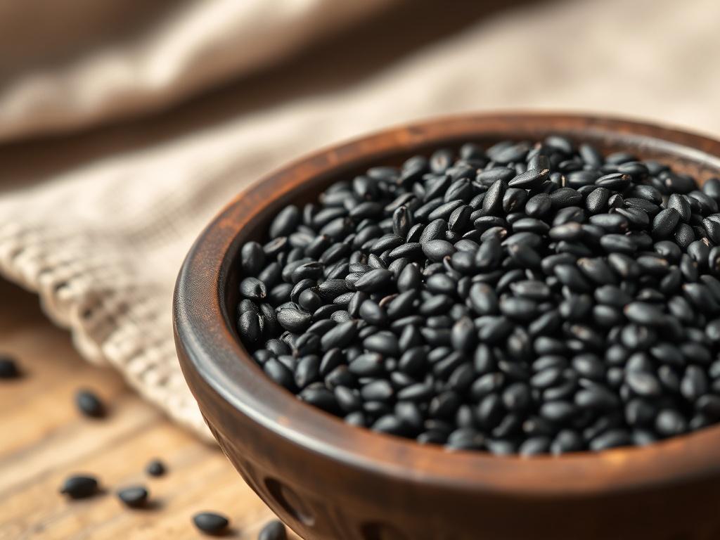 Create a realistic high-resolution image focusing on a single subject: a close-up of black sesame seeds. The seeds should be displayed in a clear, simple composition, emphasizing their tiny, ink-black hues and glossy sheen. Arrange the seeds in a shallow, dark wooden bowl to highlight their rich, nutty texture and slight bitterness. 

Incorporate a soft-focus background featuring a subtle, textured fabric or a rustic wooden surface, which should not distract from the main subject but provide warmth and dept