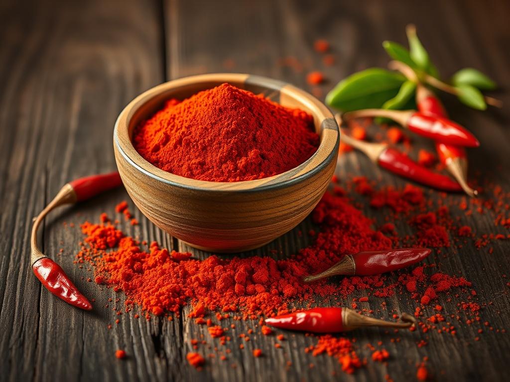 **AI Image Generation Prompt:**

Generate a realistic high-resolution image featuring a single, close-up shot of a small, rustic wooden bowl filled with vibrant red chili powder. The bowl should be placed on a textured, dark wooden surface, providing a natural and rustic feel. Surrounding the bowl, scatter a few whole dried red chilies and a sprinkle of chili powder to enhance the visual appeal and context of the spice. 

The background should be softly blurred to maintain focus on the bowl of red chili pow