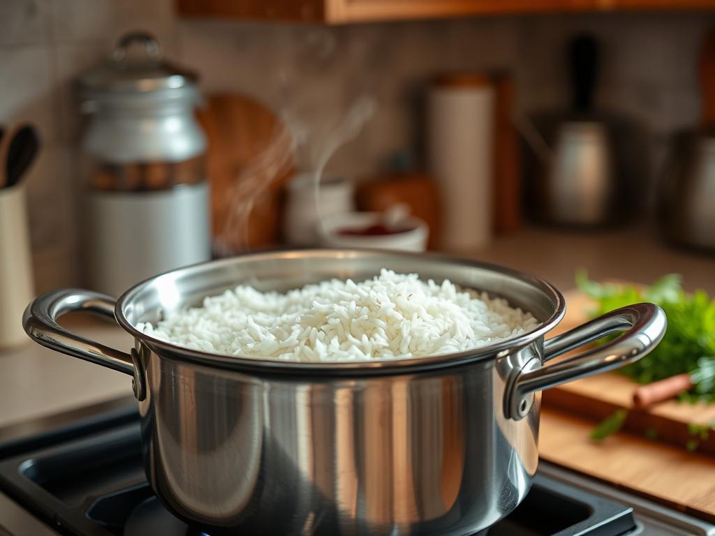 **Prompt for AI Image Generation:**

Create a hyper-realistic, high-resolution photo showcasing the cooking of rice, emphasizing the essential skill involved in South Asian cuisine. 

**Composition:** The image should have a clear and simple composition, featuring a single focus on a pot of rice on the stove. The pot should be stainless steel, gleaming under soft kitchen lighting to highlight its polished surface and the subtle steam rising from it, suggesting that the rice is in the process of being cooked