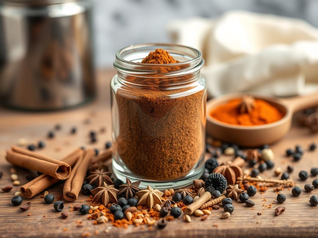 **AI Image Generation Prompt:**

Create a realistic high-resolution photo that showcases Garam Masala, the renowned "warm spice blend" essential to North Indian cuisine. The composition should focus solely on a small, elegant glass jar filled with a finely ground, rich, dark brown spice powder, which is the Garam Masala itself. 

Position the jar on a rustic wooden surface to enhance the earthy and warm tones of the spice. Surround the jar with a scattering of whole spices commonly used in Garam Masala prep