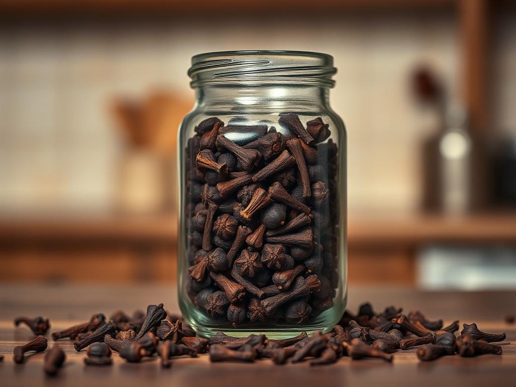 Create a realistic high-resolution photo featuring a single subject: a glass spice jar filled with whole cloves. The composition should be simple and clear, with the jar centered against a softly blurred kitchen backdrop that hints at a rustic atmosphere—perhaps a wooden countertop or a warm-toned tiled surface. 

The jar should have a traditional yet elegant design to emphasize the rich, dark brown color of the cloves inside. The captivating texture and details of the cloves should be highlighted, showcasi