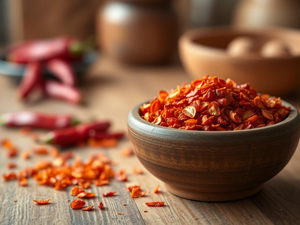 **Prompt for AI Image Generator:**

Create a highly detailed, realistic high-resolution close-up photo of a small, rustic wooden bowl filled with vibrant chili flakes, also known as crushed red pepper flakes. The bowl should be positioned at the center of the image, showcasing the rich red and orange hues of the chili flakes, highlighting their texture and the tiny seeds visible throughout. The background should be softly blurred to create a bokeh effect, ensuring the focus remains on the chili flakes. 

In