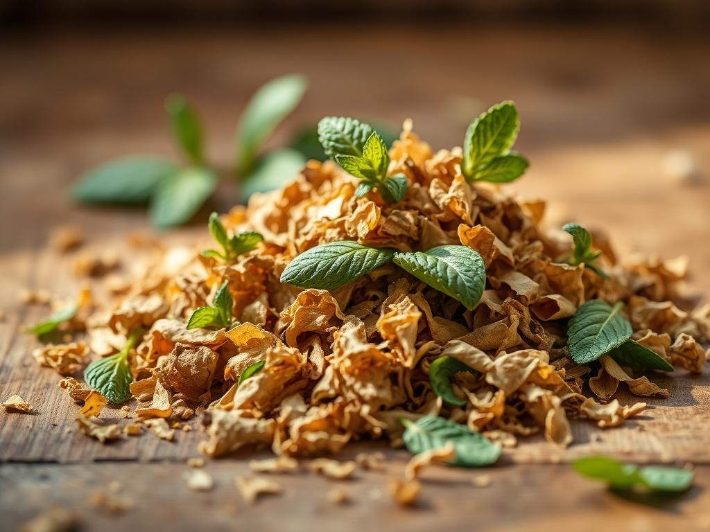 **AI Image Generation Prompt:**

Create a realistic high-resolution photo of a single pile of dried mint leaves, focusing on the texture and color of the crumbled leaves. Capture the warm, sun-kissed tones of the dried mint, highlighting its rich, earthy hues while subtly revealing the remnants of its vibrant green color. The leaves should be loosely scattered, showcasing their crinkled and delicate nature.

The background should be a softly blurred rustic wooden surface that emphasizes warmth and natural e