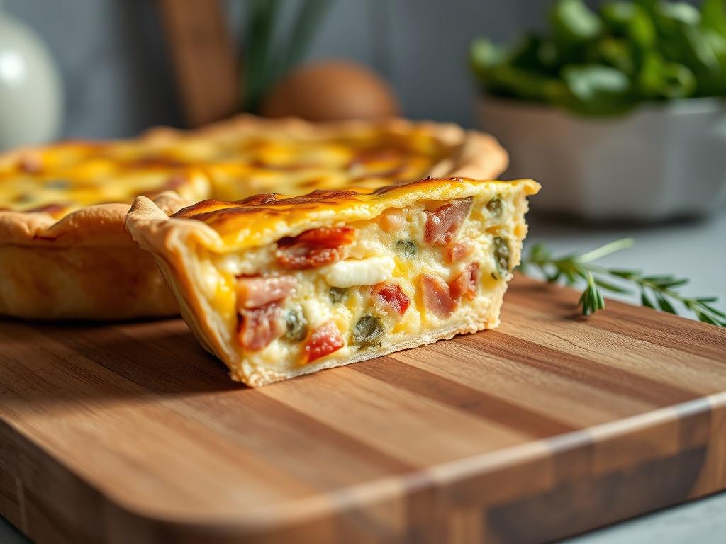 **Prompt for AI Image Generation:**

Create a realistic high-resolution photo capturing the essence of a traditional quiche, the classic French savory pie. The composition should focus entirely on a single, mouthwatering slice of Quiche Lorraine, showcasing its golden, flaky crust and rich filling filled with bacon, cheese, and eggs. The slice should be presented on a rustic wooden cutting board, slightly tilted to reveal the luscious layers inside. 

In the background, include soft, natural lighting that e