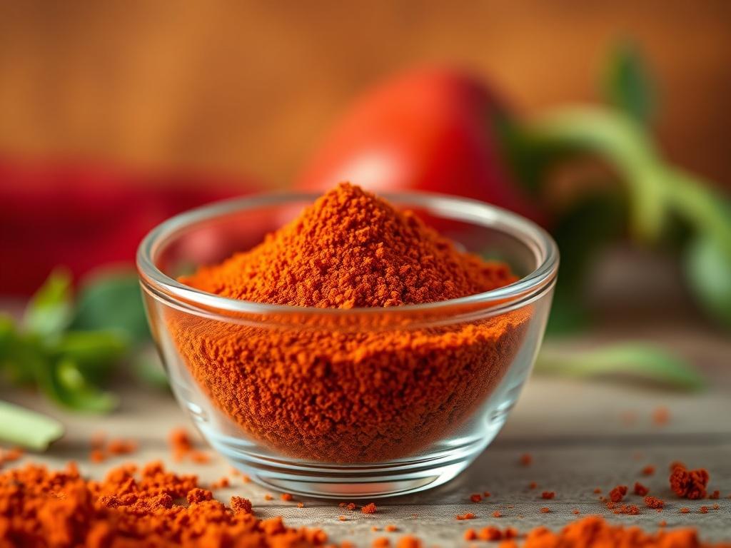 **AI Image Generation Prompt:** 

Create a highly realistic, high-resolution photo of a single, vibrant red paprika spice in a clear glass bowl. The composition should be simple, focusing exclusively on the bowl filled with finely ground paprika. Ensure the texture of the spice is clearly visible, highlighting its rich color and fine granules. The background should be soft and blurred, a warm, earthy tone that complements the red of the paprika without distracting from the primary subject. Use natural light