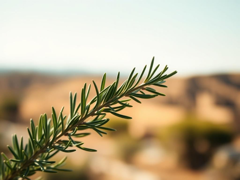 **AI Image Generation Prompt:**

Create a hyper-realistic high-resolution photo focusing solely on a fresh sprig of rosemary. The composition should be simple and clear, featuring the rosemary prominently in the foreground, showcasing its needle-like leaves and rich green color. The background should be softly blurred to evoke a warm, sun-drenched Mediterranean landscape, suggesting rustic charm and the essence of the herb's origins. Use soft, natural lighting to highlight the texture and details of the ros