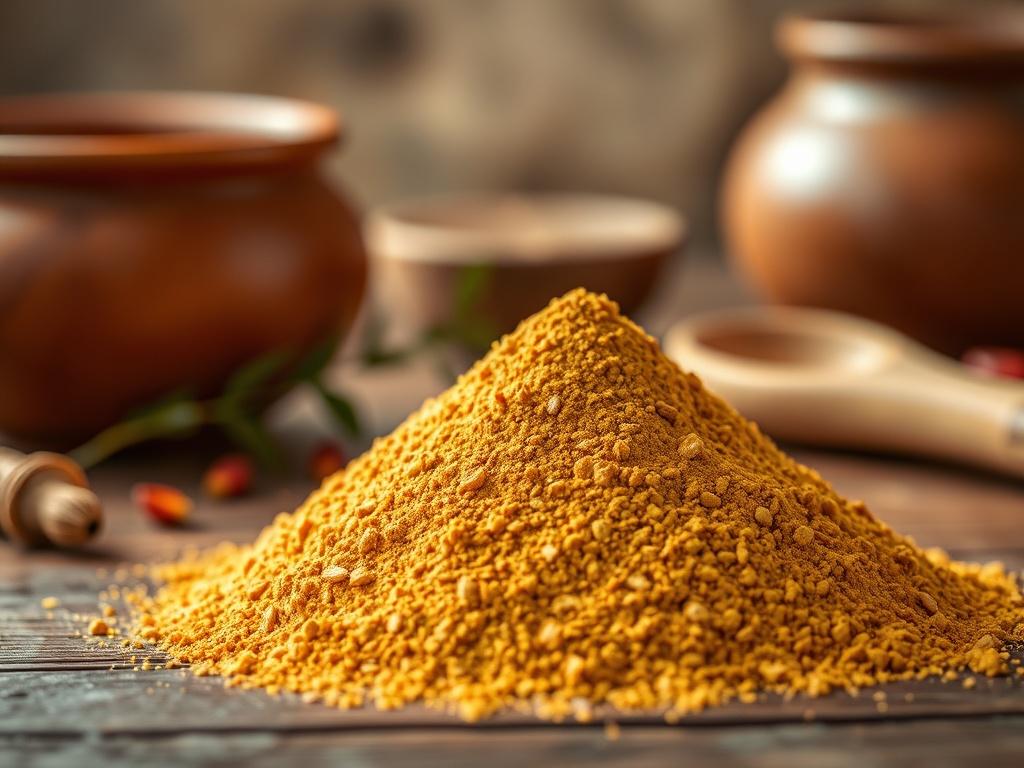 **AI Image Generation Prompt:**

Create a highly detailed and realistic high-resolution photo featuring a single subject: a mound of Kachri Powder. The powder should have a rich, earthy tone, showcasing its fine, slightly grainy texture. The focus should be on the powder itself, placed elegantly on a rustic wooden surface to emphasize its traditional roots.  

In the background, softly blurred elements of a traditional kitchen setting should be present, such as a clay pot or a wooden spoon, enhancing the cu