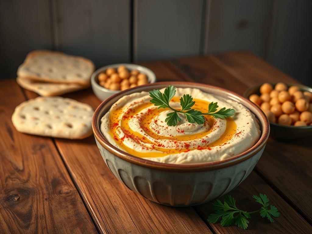 A high-resolution photo of a bowl of super creamy hummus placed on a rustic wooden table. The hummus is garnished with a drizzle of olive oil, a sprinkle of paprika, and fresh parsley leaves on top. In the background, there are a few slices of pita bread and a small dish of chickpeas. The lighting is soft and warm, creating a cozy and inviting atmosphere.