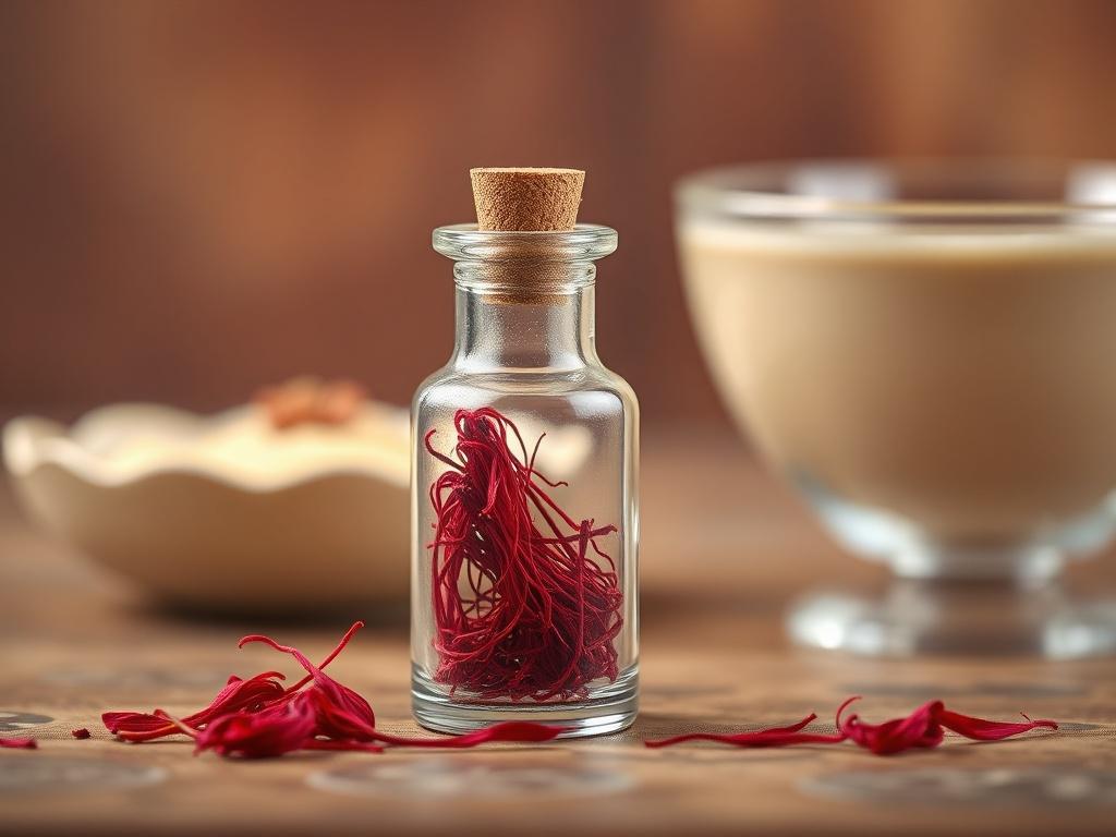 **Prompt for AI Image Generator:**

Create a realistic, high-resolution photo focusing on a single, prominent subject: a small, elegant glass vial filled with delicate crimson threads of saffron, known as Kesar. Position the vial in the center of the image, clearly showcasing the intricate, hand-picked saffron threads inside, allowing their rich color and texture to stand out prominently. The background should be softly blurred, featuring warm, earthy tones that evoke a sense of warmth and luxury, mirroring