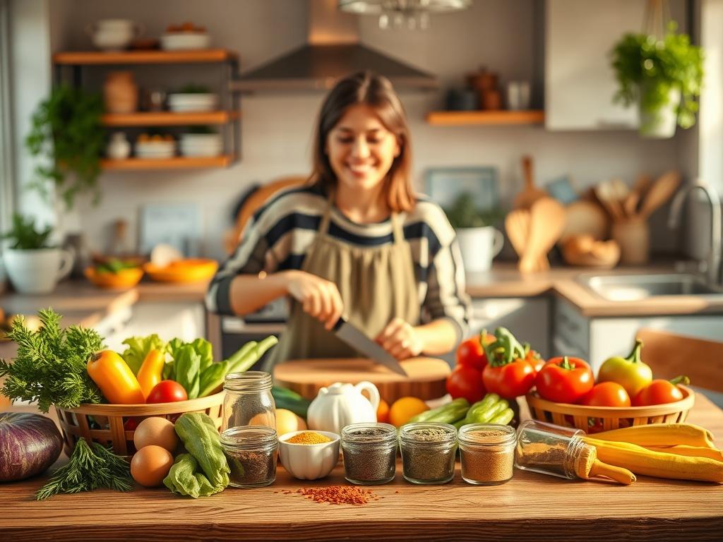 A cozy kitchen scene featuring a warm wooden table with
