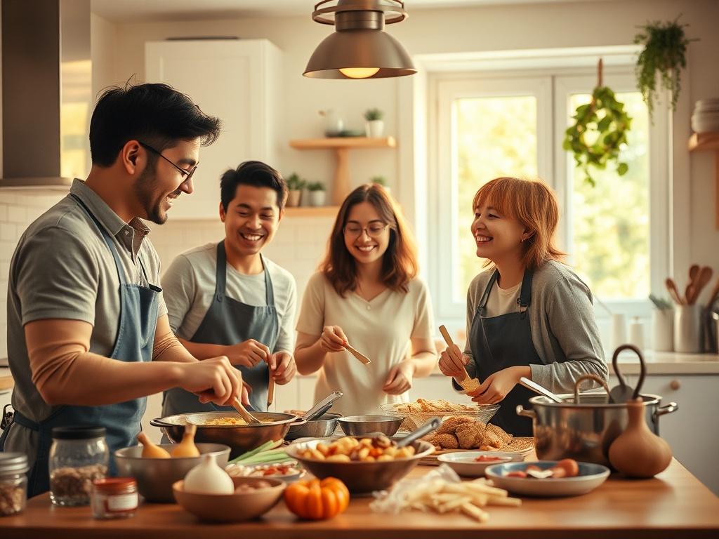 A family cooking together in a brightly lit kitchen, laughing