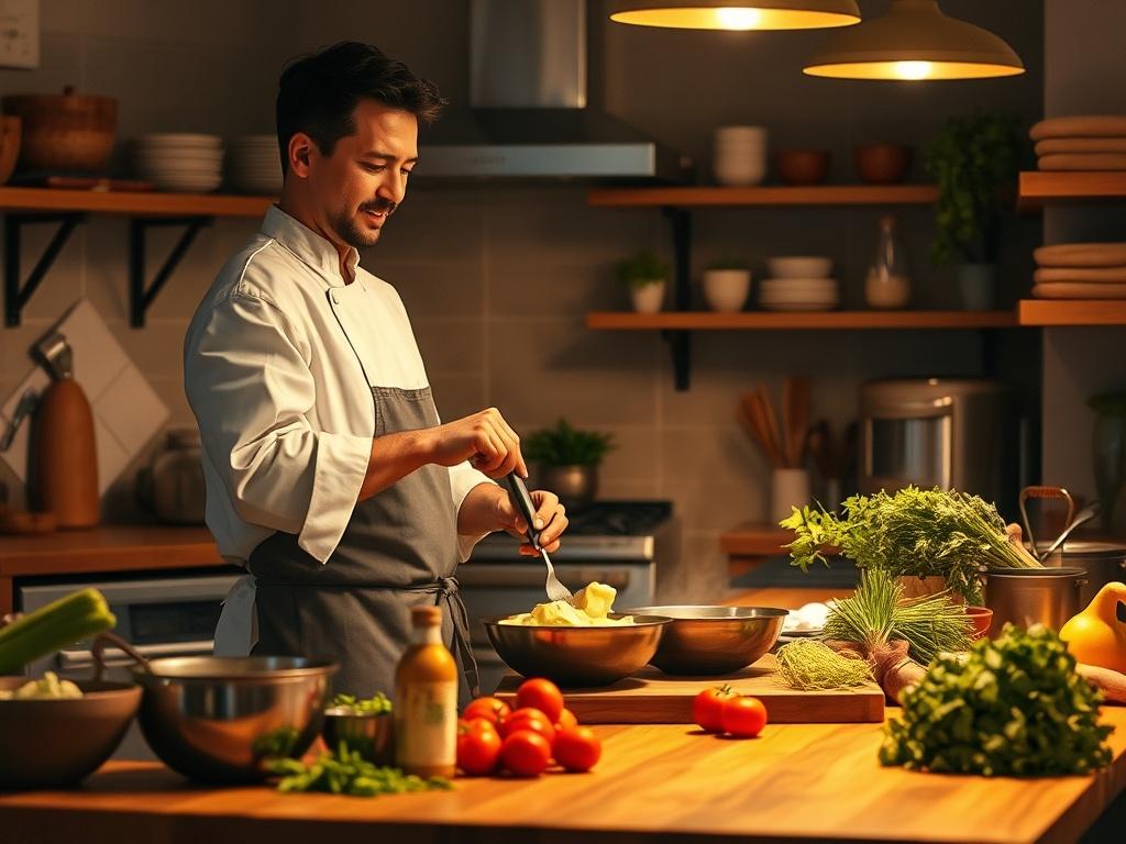 A cozy kitchen setting featuring a single chef demonstrating basic