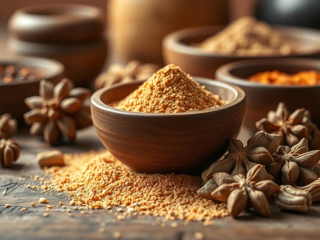 **AI Image Generation Prompt:**

Create a realistic high-resolution photo focused on a single subject: a small, shallow wooden bowl containing a fine, golden-brown powder of asafoetida (hing). The bowl should be handcrafted, showcasing the rustic texture of wood. Surround the bowl with a few raw, intact pieces of asafetida resin, displaying their unique, solid structure and rich, earthy tones to provide an authentic representation of the spice.

The background should be softly blurred with natural, warm hue