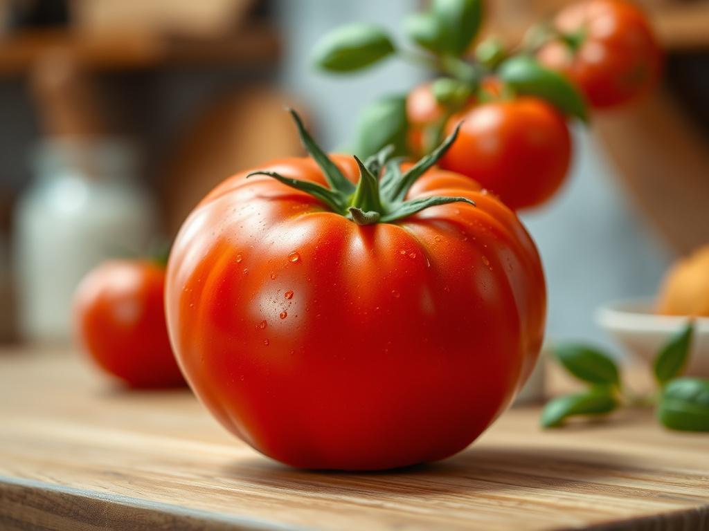 **AI Image Generation Prompt:**

Create a highly realistic, high-resolution image that showcases a single, beautifully ripe tomato as the main subject, positioned centrally in the frame. The tomato should be vividly colored, displaying a rich red hue with glistening droplets of water on its surface, highlighting its freshness. Surrounding the tomato, use a simple, clean composition with a softly blurred background that features elements of a rustic kitchen setting—perhaps hints of wooden countertops and sub