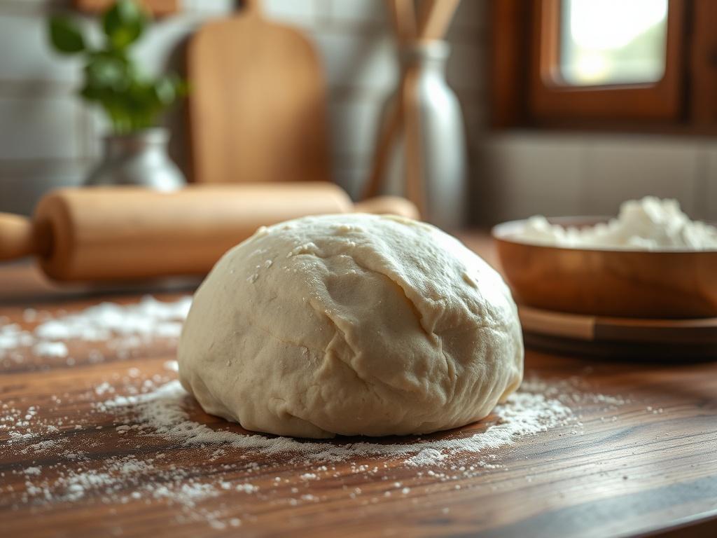 Create a highly detailed, realistic high-resolution photo that captures the essence of dough preparation specifically for flatbread, such as chapati or roti. The focal point of the image should be a single ball of dough resting on a wooden kitchen countertop. The dough should look soft and pliable, with lightly visible flour dusting on its surface that suggests recent handling.

In the background, include elegant kitchen tools commonly associated with dough preparation—like a rolling pin and a small bowl of