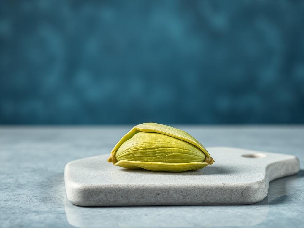 Create a realistic high-resolution photo that captures the essence of "Green Cardamoms." The composition should be simple and clear, focusing solely on a single green cardamom pod as the subject. Position the pod centrally in the frame, showcasing its distinctive features: the triangular shape of the pod with its vibrant pale green husk and the slight texture that hint at the aromatic black seeds inside. The pod should be placed on a softly textured surface that complements its color—perhaps a light gray st