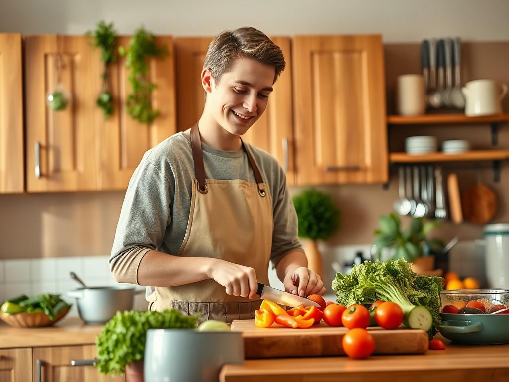 Create a realistic high-resolution photo featuring a young person, approximately 25 years old, standing confidently in a cozy kitchen setting, focused on chopping vegetables on a wooden cutting board. The person is wearing a simple, stylish apron and is engaged in the act of slicing a colorful array of fresh veggies, such as bell peppers, tomatoes, and cucumbers. Their expression should convey concentration and enjoyment, illustrating the joy of learning essential cooking skills.

The kitchen backdrop shoul