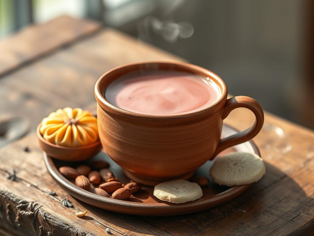 **AI Image Generation Prompt:**

Create a realistic high-resolution photo that captures the essence of Kashmiri Pink Tea (Noon Chai / Sheer Chai). The composition should feature a single subject: a beautifully crafted clay cup filled with steaming, blush-pink Kashmiri Pink Tea. The tea should display its luxurious creamy texture and rich color, inviting warmth and comfort. 

Place the cup on a rustic wooden surface, subtly highlighting its rustic charm. Beside the cup, arrange a delicate serving of Bakarkha