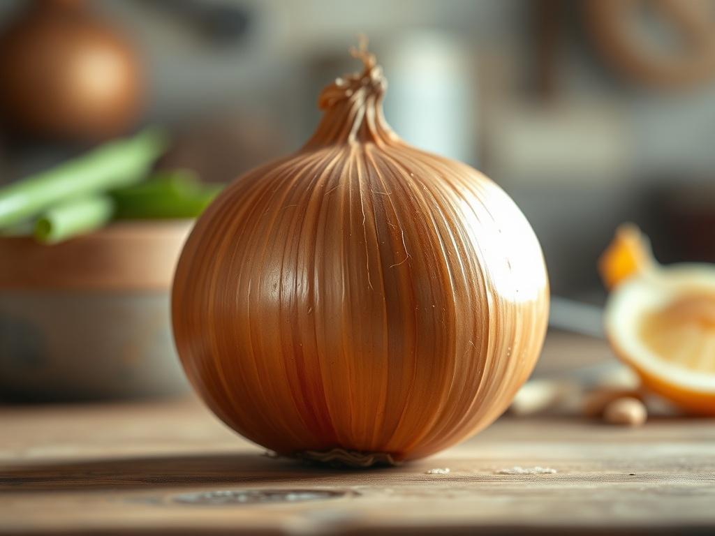 Generate a highly realistic, high-resolution photo of a single golden-brown onion, showcasing its rich, textured layers and glistening sheen. The onion should be placed prominently in the center of the composition, with a simple, blurred background that suggests a rustic kitchen setting, enhancing the focus on the onion itself. Ensure the lighting is warm and natural, highlighting the onion's curves and giving depth to its surface. The color palette should be inviting, featuring earthy tones that complement