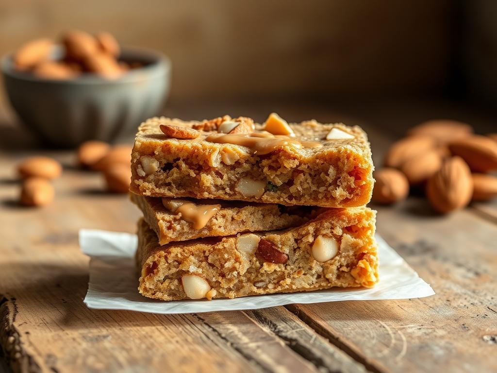 A realistic high-resolution photo of a No Bake Peanut Butter Almond Bar on a rustic wooden table. The bar is cut in half to show its chewy and crunchy texture, with visible almond pieces and a drizzle of peanut butter on top. The background features earthy tones, with soft natural light highlighting the bar's ingredients, creating a warm and inviting atmosphere.
