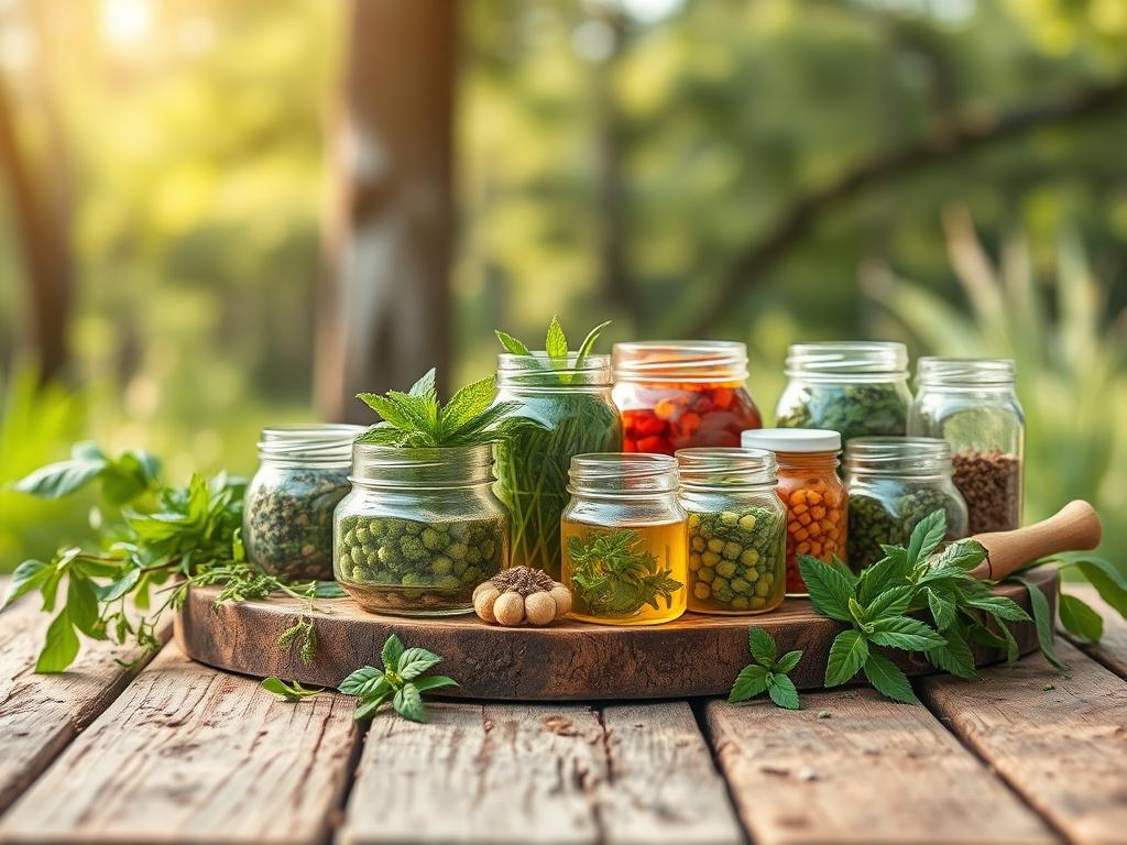 A high resolution of a rustic wooden table displaying various