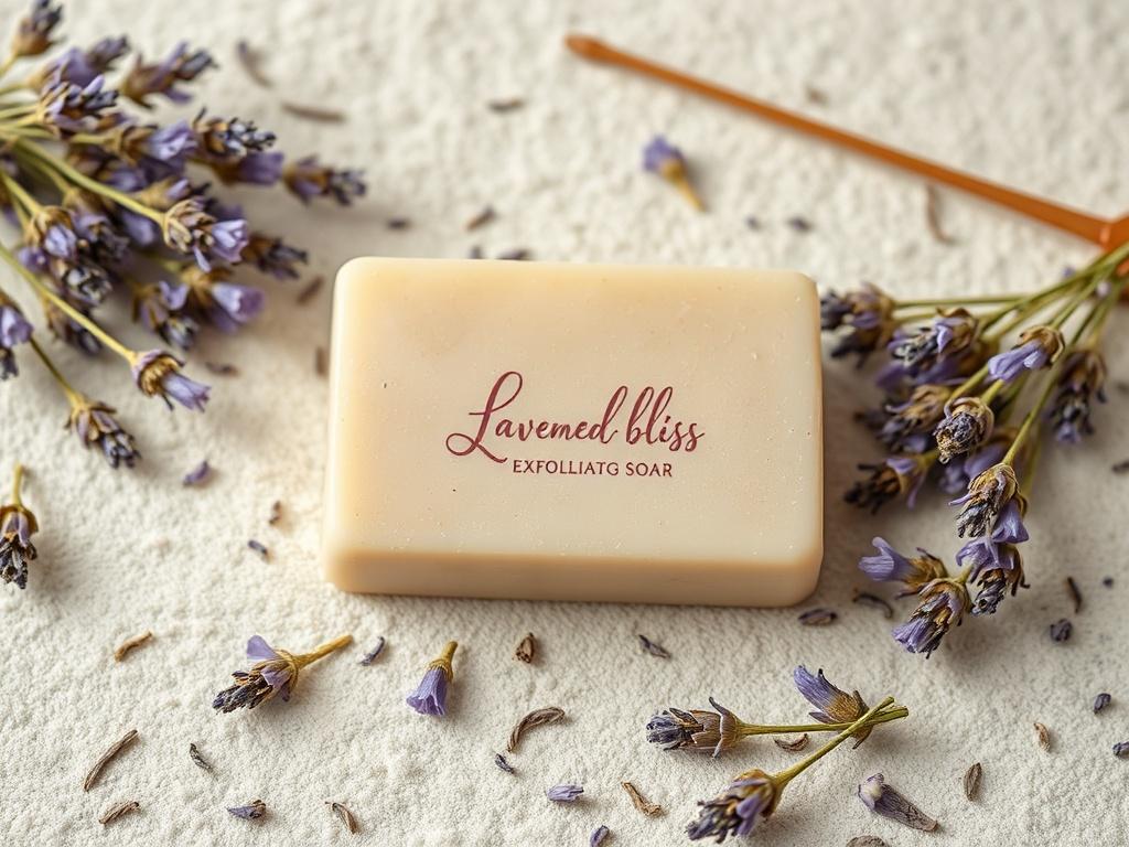 An elegant shot of a lavender bliss exfoliating bar surrounded by dried lavender flowers on a soft, textured surface. The calming colors and soft light enhance the soothing nature of the product, creating a tranquil atmosphere.