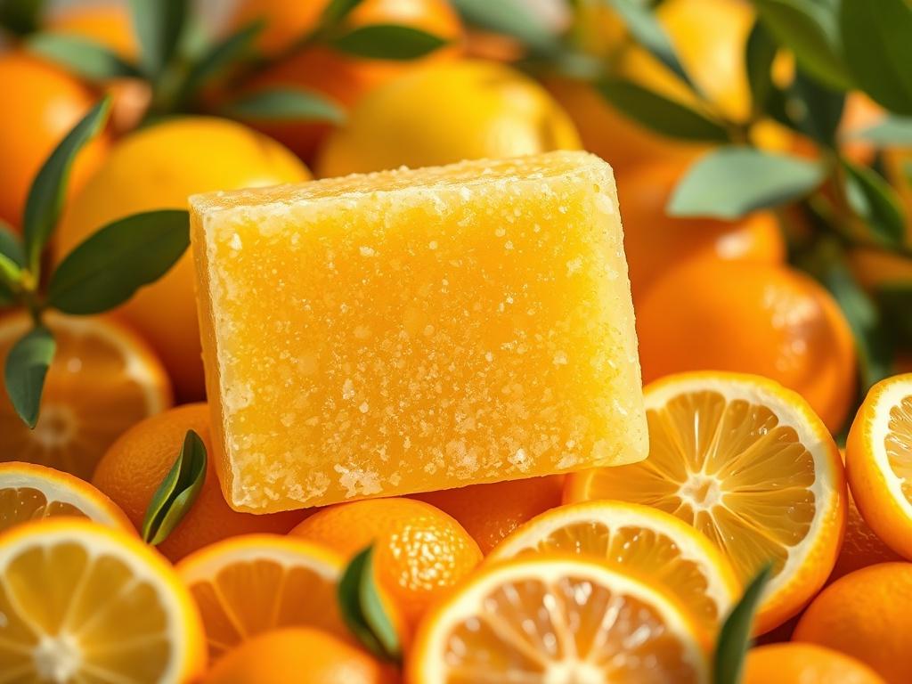 A vibrant shot of a citrus zest scrub bar placed on a bed of citrus fruits like oranges and lemons, highlighting its fresh and invigorating nature. The background should be bright and cheerful, with hints of greenery to emphasize its natural ingredients.