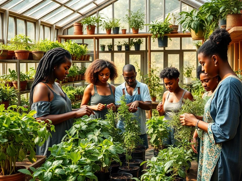 A vibrant greenhouse filled with various herbs, showcasing a diverse group of melanin-rich individuals actively engaged in a hands-on herbal workshop. The atmosphere is warm and inviting, with sunlight filtering through the glass, illuminating the lush greenery. Participants are seen discussing, planting, and learning about different herbs, creating a sense of community and shared knowledge. The background features shelves filled with potted herbs and natural wooden elements to enhance the rustic aesthetic.