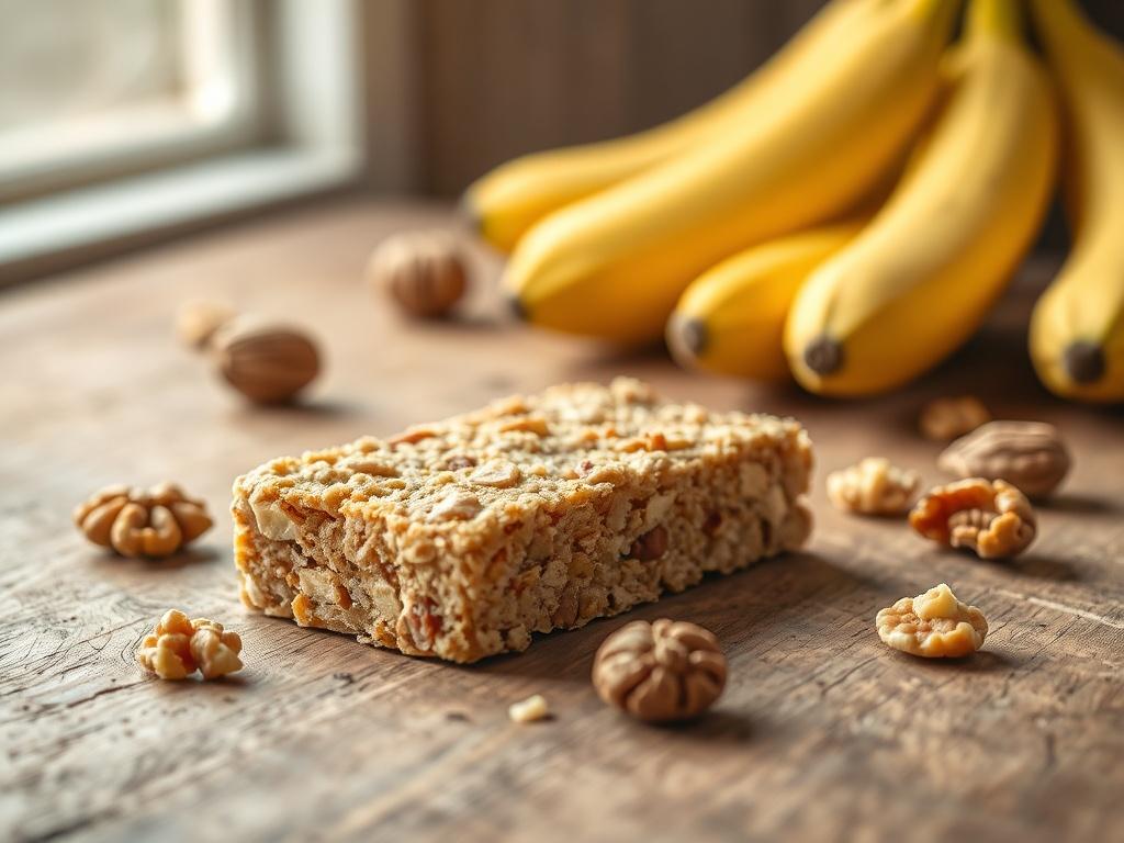 A single Banana Nut High-Protein Bar resting on a rustic wooden table. The bar is textured, showcasing its ingredients like chunks of dried banana and walnut pieces. In the background, soft, natural light streams in, highlighting a few whole bananas and walnuts scattered around, creating an inviting and wholesome atmosphere.