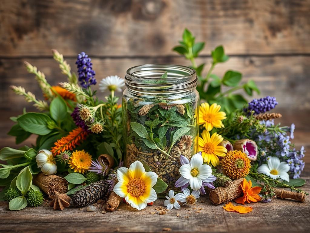 An artistic display of various herbs and flowers used in custom herbal formulas, arranged around a glass jar filled with a vibrant herbal blend. The background features rustic wooden textures and soft, natural lighting, creating an earthy atmosphere that emphasizes the organic nature of the ingredients. The composition highlights the beauty and diversity of the herbs.