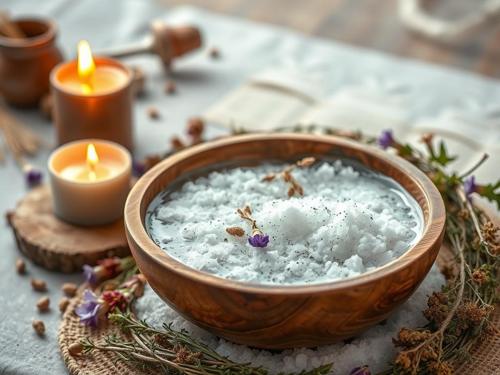 A serene high-resolution image of a wooden bowl filled with herbal bath soak, with Epsom salts visible. Surround the bowl with dried herbs and flowers, and place a lit candle nearby to evoke a calming atmosphere. The background should be softly blurred, emphasizing the natural elements.