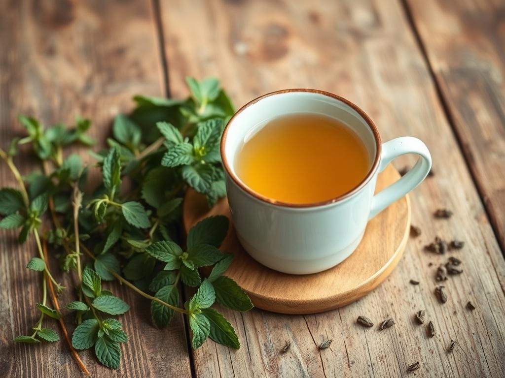 A high-resolution image of a steaming cup of herbal detox tea placed on a rustic wooden table. Surround the cup with fresh herbs like mint and lemon balm, and include a few loose tea leaves scattered around. The background should feature soft, natural lighting that highlights the earthy tones of the scene.