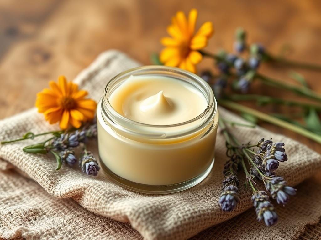 A realistic image of a small, open jar of organic herbal salve, showcasing its creamy texture. The jar should be placed on a textured cloth, with fresh herbs and flowers like calendula and lavender around it. The background should have a warm, inviting tone, emphasizing a natural and earthy aesthetic.