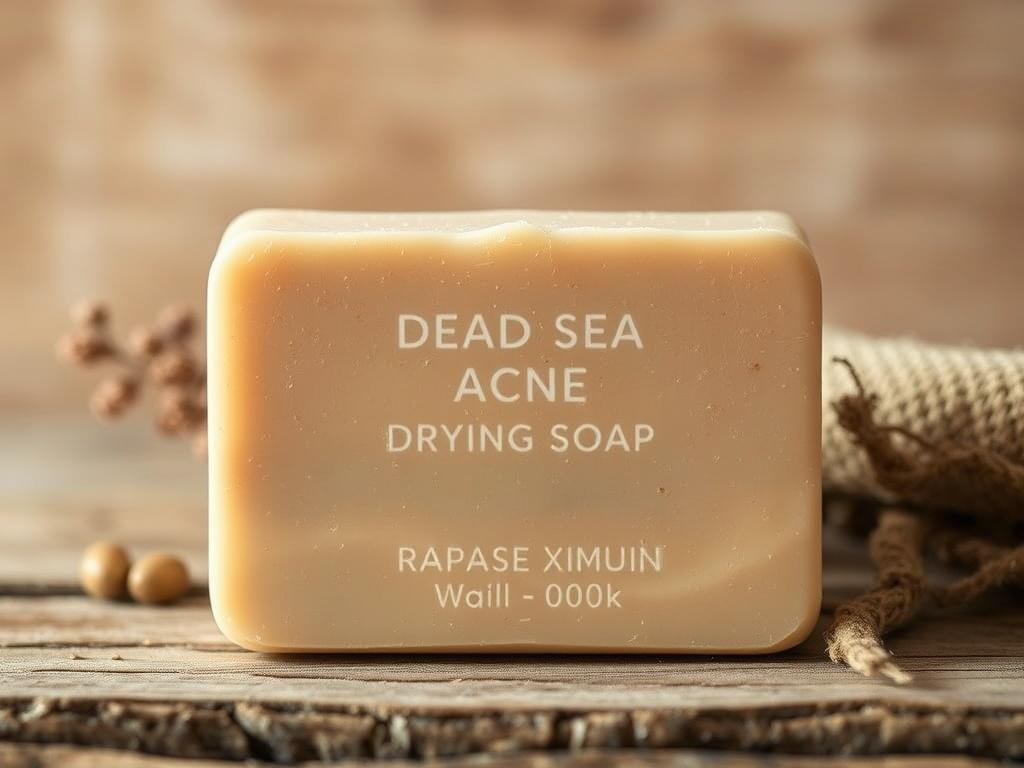 A high-resolution image of a bar of Dead Sea Acne Drying Soap, showcasing its earthy texture and natural colors. The soap is placed on a rustic wooden surface with a backdrop of soft, natural earthy tones. The focus should be on the soap, highlighting its smooth surface and natural ingredients. The lighting should be warm and inviting, emphasizing the soap's natural qualities.