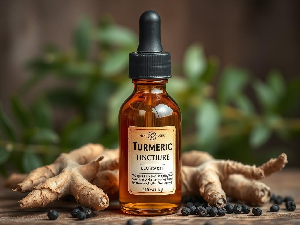 A high-resolution photo of a dark amber glass dropper bottle filled with a golden-yellow turmeric tincture, labeled with an earthy, natural design. The bottle is placed on a rustic wooden table, surrounded by whole turmeric roots and black peppercorns. The background features soft, blurred greenery to evoke a natural, organic feel.
