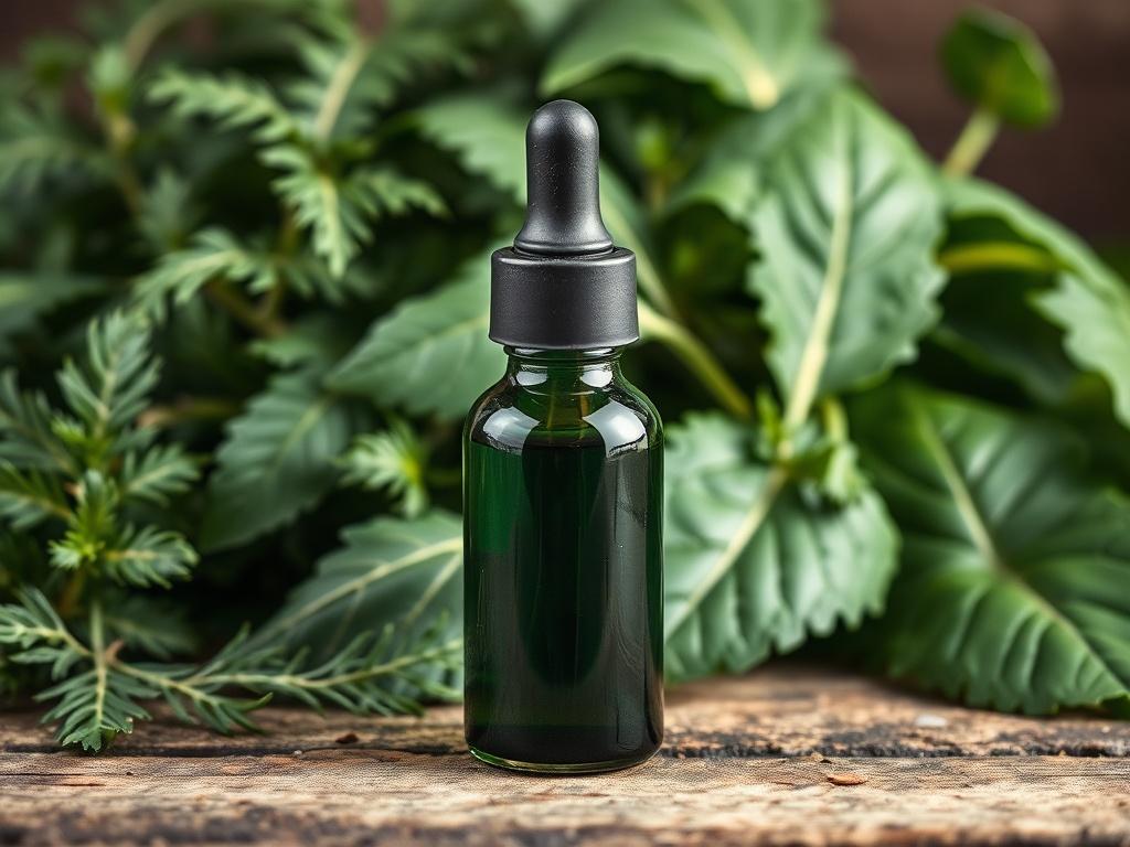 A high-resolution photo of a glass dropper bottle containing a dark green herbal tincture, positioned on a rustic wooden surface. The background features fresh nettle leaves and spinach leaves, creating a natural and earthy atmosphere. Soft, diffused lighting enhances the rich colors of the herbs, emphasizing their vitality and freshness.
