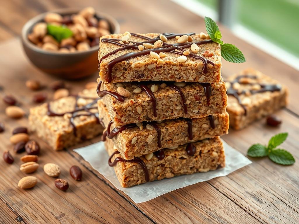 A high-resolution photo of a stack of clean protein energy bars on a rustic wooden table. The bars are drizzled with dark chocolate and topped with nuts and seeds. The setting includes a small bowl of nuts and a sprig of mint, with natural light enhancing the textures.