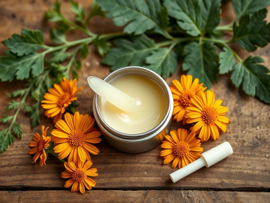 An open tin of natural healing salve on a wooden surface, with a small applicator beside it. Surround the tin with fresh calendula flowers and comfrey leaves, creating a natural and earthy aesthetic that highlights the salve's organic ingredients.