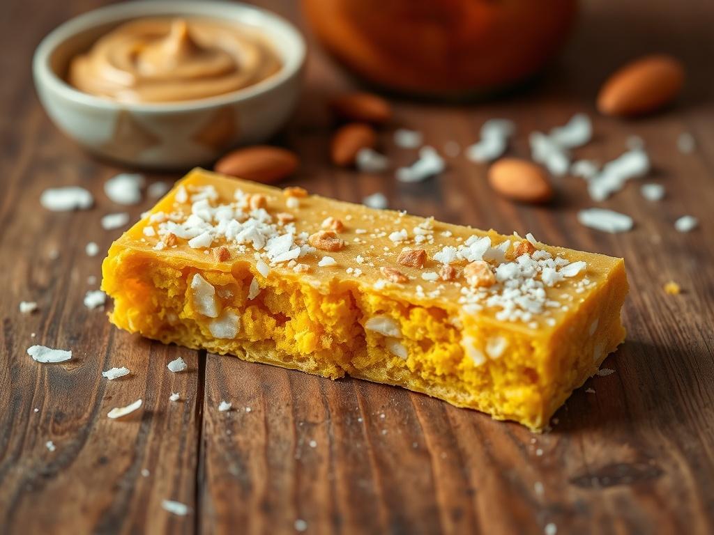 A single Golden Turmeric Ginger Bar displayed on a rustic wooden table. The bar should be cut in half to showcase its vibrant yellow interior filled with visible pieces of ginger and coconut flakes. Background elements include a few scattered coconut flakes and a small bowl of almond butter. The lighting should be warm and natural, highlighting the earthy tones of the bar and the textures of the ingredients.