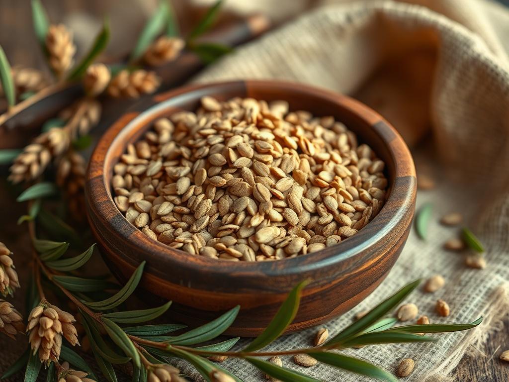 A high-resolution image of premium flaxseeds in a rustic wooden bowl, surrounded by natural elements like green leaves and a soft, earthy cloth. The composition should showcase the seeds' rich texture and color, with warm lighting to evoke a cozy and inviting atmosphere. The background should be softly blurred to keep the focus on the bowl of flaxseeds.