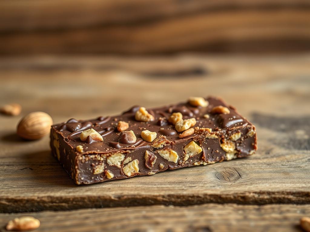 A realistic high-resolution photo of a Cocoa Peanut Butter Crunch Bar, placed on a rustic wooden table. The bar should be the focal point, showcasing its deep chocolate and crushed roasted peanuts. The background should have earthy tones with soft natural lighting, highlighting the textures of the bar while evoking a warm, inviting atmosphere.