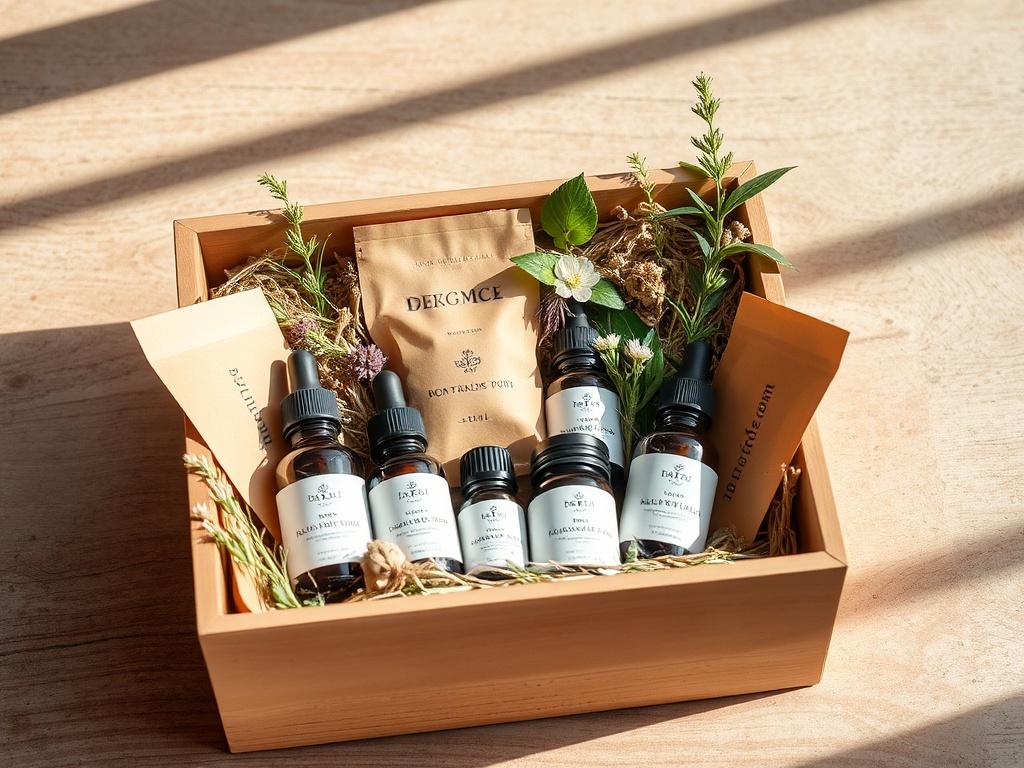Create a realistic high-resolution photo of a beautifully arranged personalized wellness kit. The kit should include various herbal products like teas, tinctures, and essential oils, displayed in an earthy, rustic box. The background should be a soft, natural surface such as wood or stone, with natural light illuminating the scene to enhance the warm, inviting atmosphere.