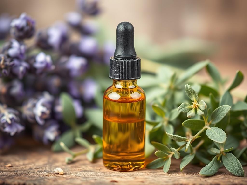 A realistic high-resolution photo of a small glass bottle of herbal essential oil, set against a backdrop of fresh herbs like lavender and eucalyptus. The bottle is elegantly designed, with a dropper cap, and the scene is softly lit to evoke a calm, soothing atmosphere. The earthy textures of the herbs contrast beautifully with the sleek glass, inviting viewers to explore natural wellness.
