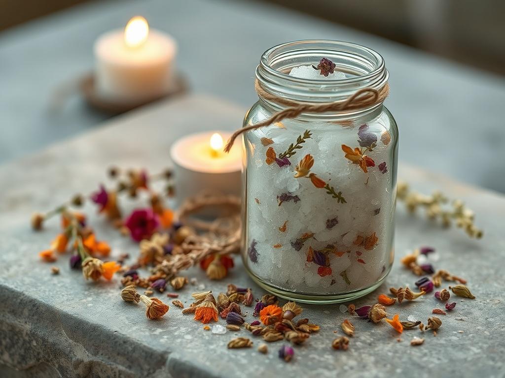 A realistic high-resolution photo of a decorative jar filled with herbal infused bath salts, surrounded by scattered dried flowers and herbs. The jar is placed on a smooth stone surface, with soft candlelight reflecting off the glass. The scene conveys a sense of tranquility and indulgence, inviting customers to envision a luxurious bath experience.