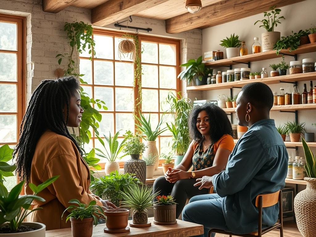 A serene herbal office setting featuring melanin-rich individuals engaged in a discussion about herbal solutions. The office is adorned with rustic wooden shelves filled with various herbal products and plants. Natural sunlight streams in through large windows, creating a warm and inviting atmosphere. The individuals appear relaxed and engaged, showcasing a sense of community and knowledge sharing. The background emphasizes earthy tones and textures, reflecting a grounded aesthetic.